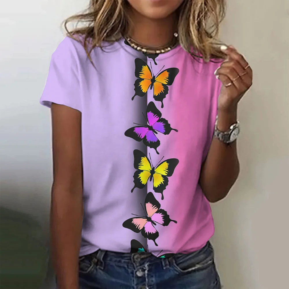여성용 오 넥 티셔츠 나비 그래픽 프린트 Y2k 하라주쿠 풀오버 빈티지 탑 패션 티셔츠 오버 사이즈 여성 의류 여름