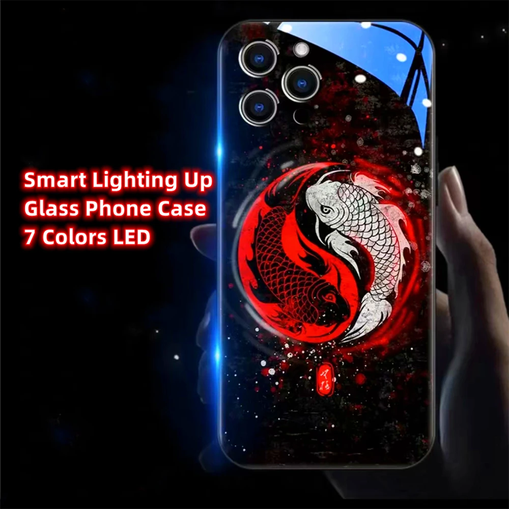 

Chinese Tai Chi Carp Luminous Tempered Glass Phone Case LED Backlight Cover For iPhone 16 15 14 13 12 11 Pro Max XR XS Plus SE