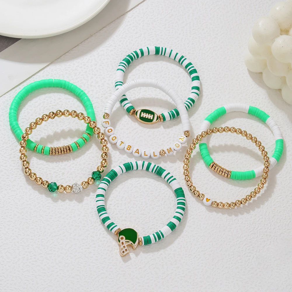 

7Pcs Green Yellow Multi-layer Rugby Polymer Clay Beads Bracelet for Unisex Stacking Wrist Set Football Fans Sport Jewelry Gift