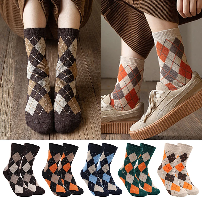 Ins diamond Cotton Socks Women Men Winter Tartan mid-calf Warm Sock Streetwear Plaid Striped Funny Preppy Argyle Geometric Socks