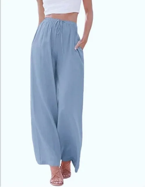 Oversize Women Pants Casual White High Elastic Drawstring Baggy Pants Streetwear Solid Color Cotton And Linen Wide Leg Trousers