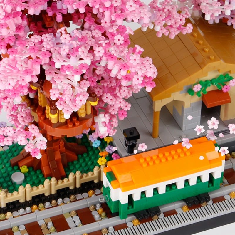 Sakura House Tree Trains With Lights Building Blocks Kids Toys City Street View Assemble Bricks Creative Gift For Girls Boys