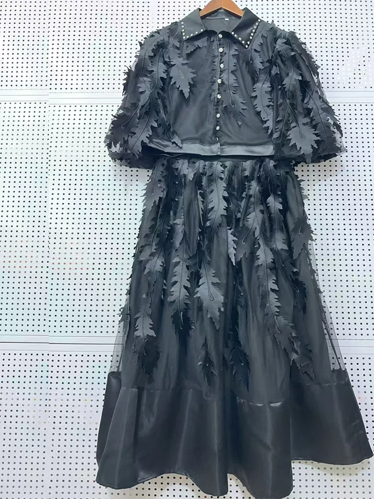 Camicia monopetto a maniche corte con trapano per unghie pesanti 2025 estate nuova + gonna con frange a vita alta abito da donna in due pezzi moda