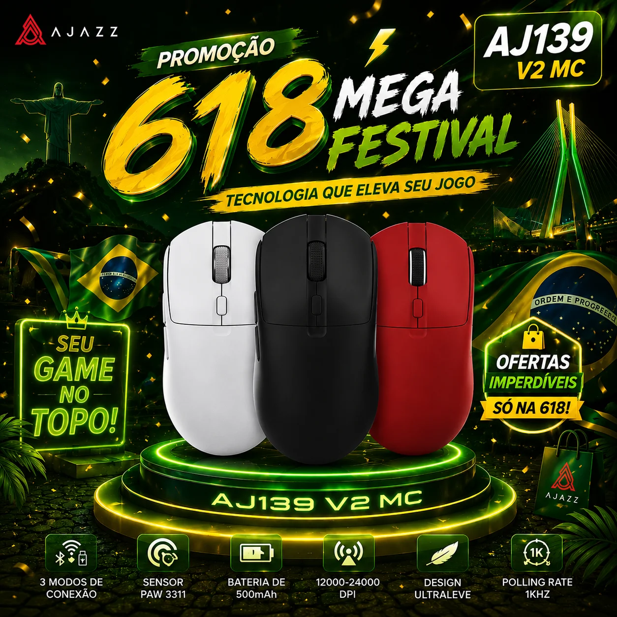 AJAZZ AJ139 V2 MC PAW3311 Mouse para jogos sem fio com base de carregamento magnético RGB 24000DPI Bluetooth/ratos com fio, PC Gamer