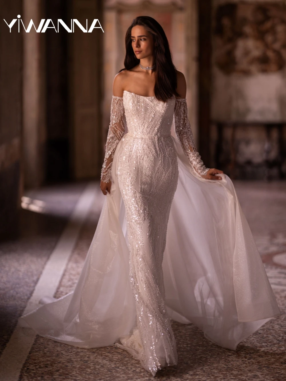 

Detachable Train Luxury Beaded Wedding Dress Dreamy Strapless Mermaid Long Bridal Gown Customized Graceful Dresses For Bride