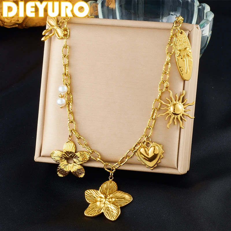 

DIEYURO 316L Stainless Steel Golden Bowknot Heart Sun Flower Pearl Pendant Necklace Lady New Trend Neck Chain Jewelry Party Gift