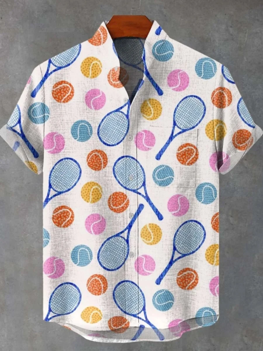 2025 masculino raquete de tênis padrão camisa de manga curta verão vintage nova camisa de linho masculino de manga curta lazer férias streetwe