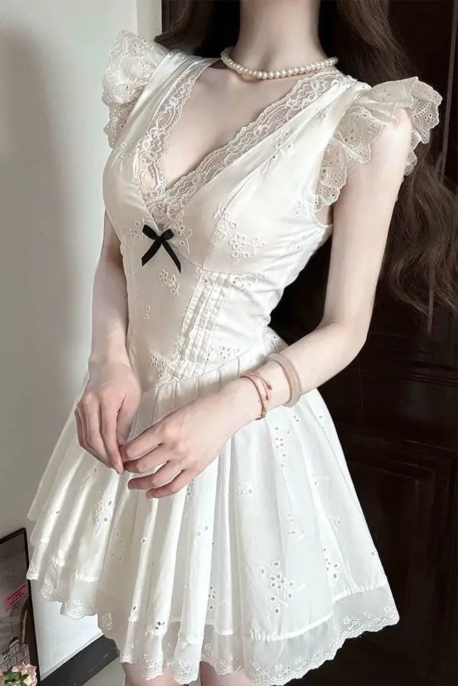 

French First Love Dress Women Summer White Lace Short Dress Puff Sleeve Hollow-Out Floral Embroidery A-Line Flared Skirt Y2K