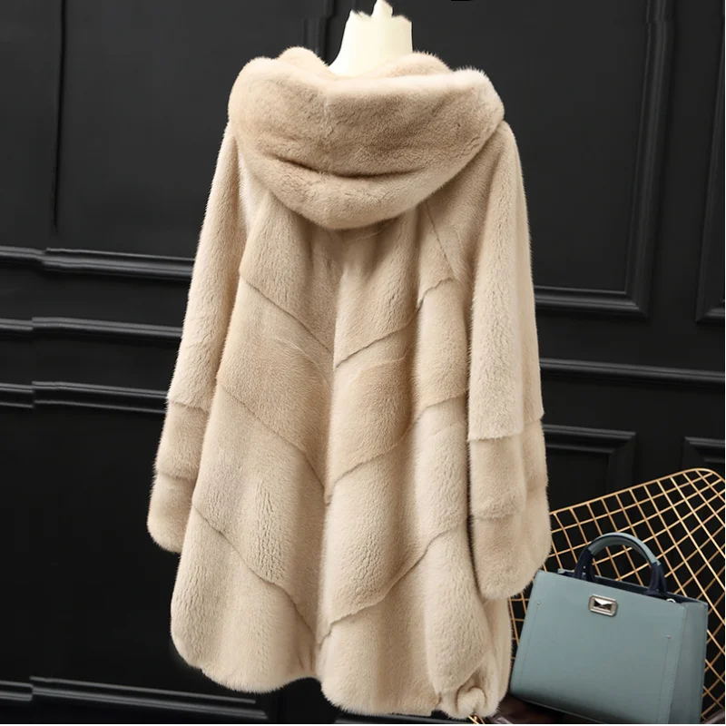 2024 New Copenhagen Mink Whole Fur Women Long Coat With Hood 100% Natural Mink Fur Winter Thick Warm Female Jacket