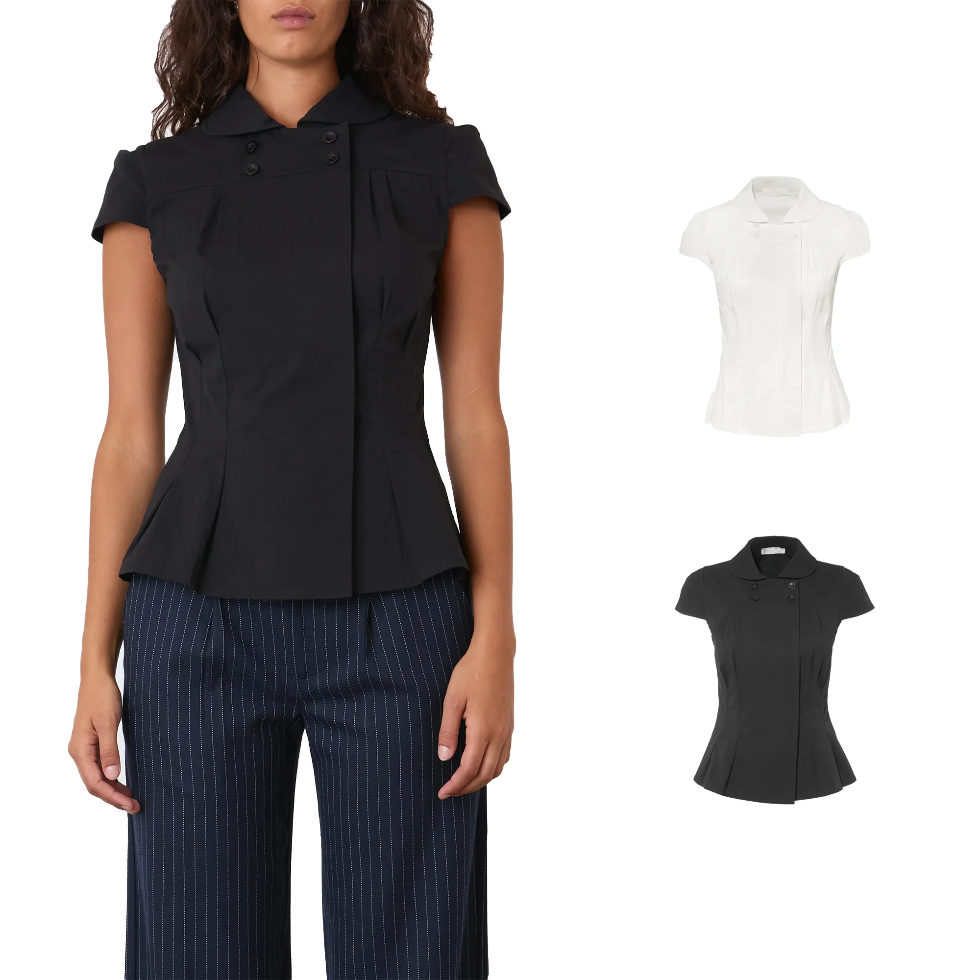 Pead Doll Collar Double-Breasted Waist-Cinching Shirt, Short-Sleeve Slim Fit Ruffle Hem Short Style Slimming Commuter White Shirt, White Shirt with Doll Collar and Waist-Cinching Short Sleeves