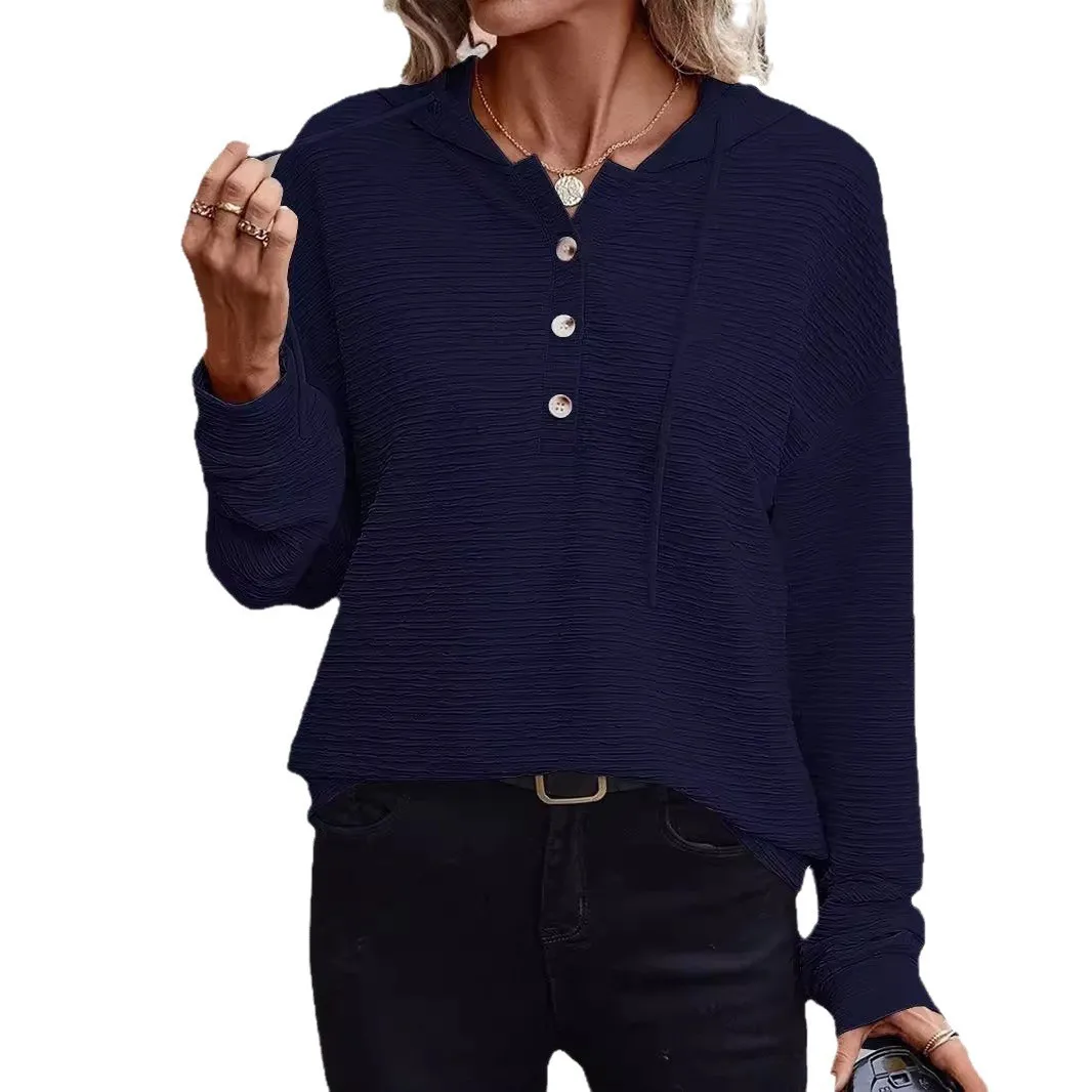 Casual Hooded Loose Fit Hoodie with Elegant Commuter Stripes or Checks Button Detail Mid Long Length Autumn Women Hoodie