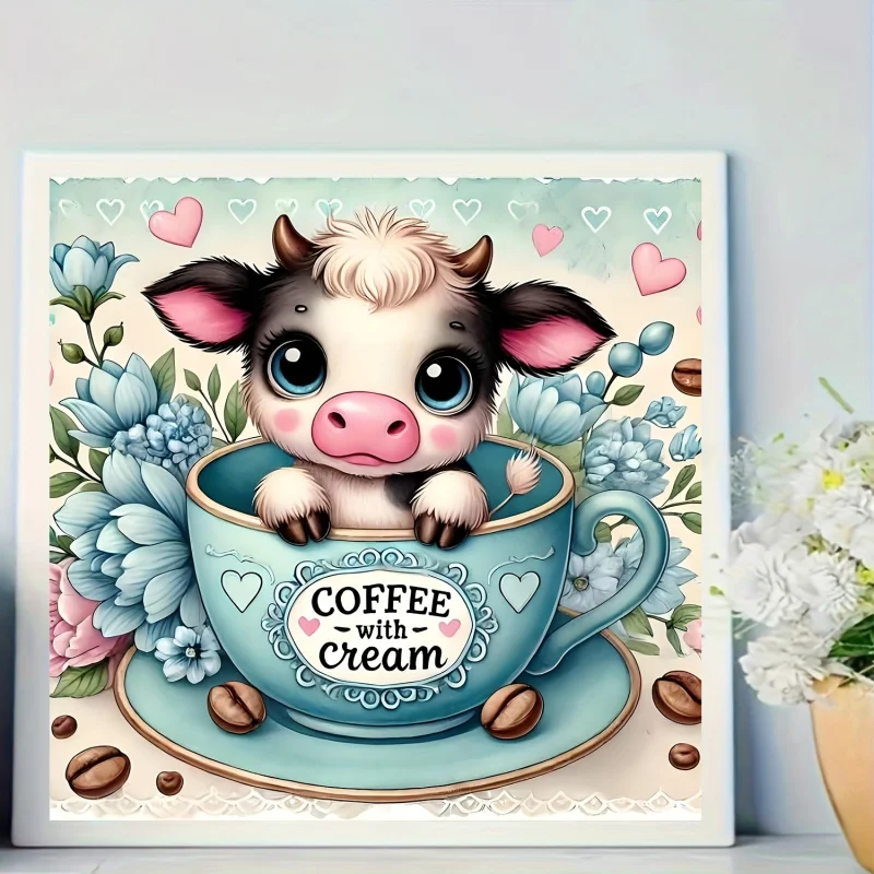 Diamond Painting Set, Highland Cow and Coffee Cup Pattern, Round Diamond Full Diamond Art, Multiple Specifications to Choose FR