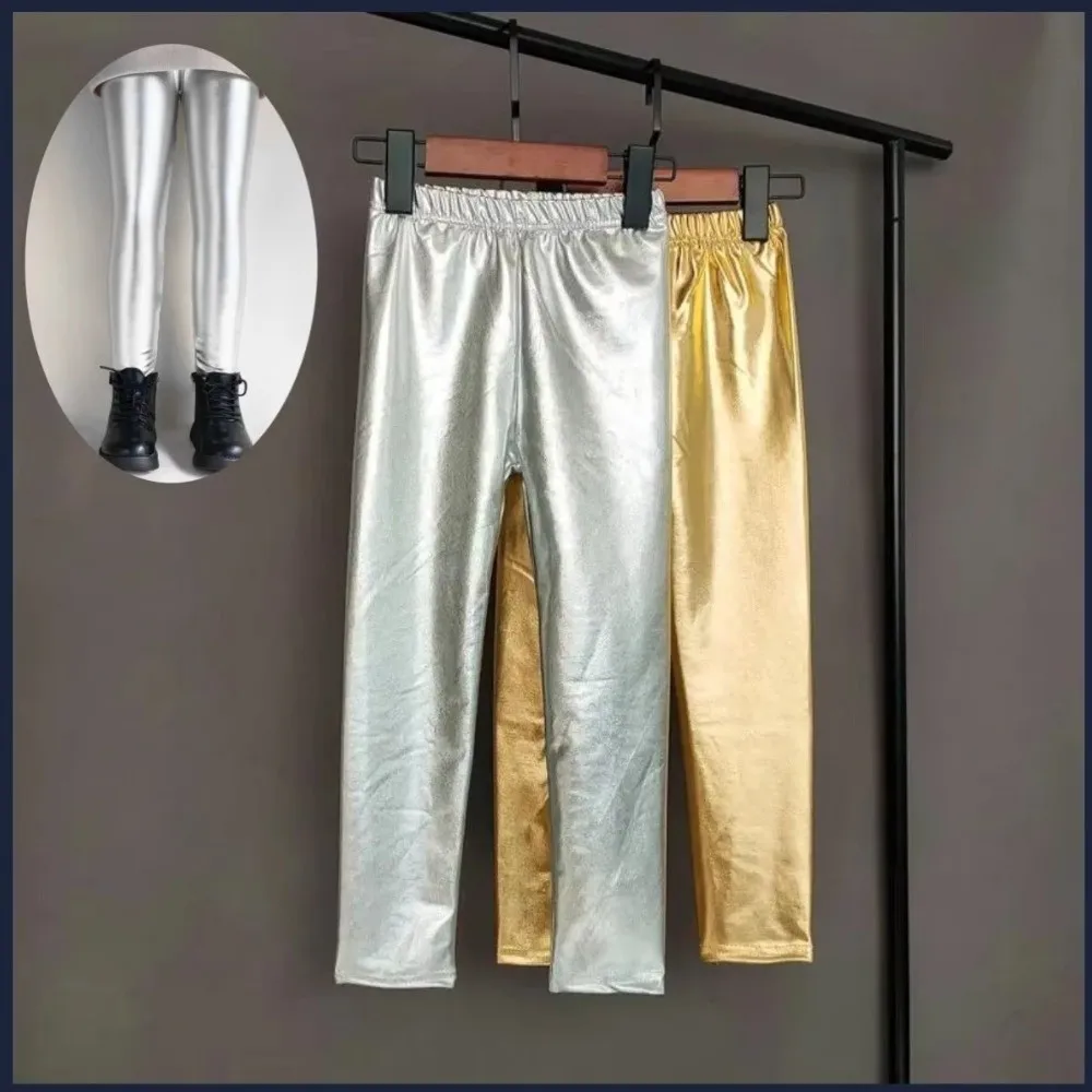 Fashion Elastic Kids Leggings Faux Leather Gold Silver Pants Pencil Pants Kids