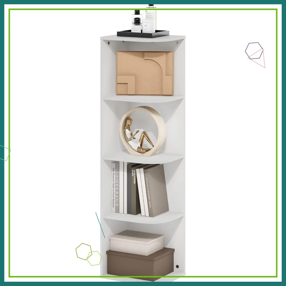 

4-Tier Corner Open Shelf Bookcase in White, Space-Saving Storage for Books and Decor