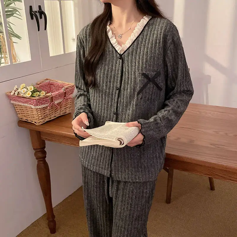 

Pajama Sets Embroidered Wedding Women Heavyweight Matching Set Long Sleeve Button Full Length Pants Warm Thick Thermal Sleepwear