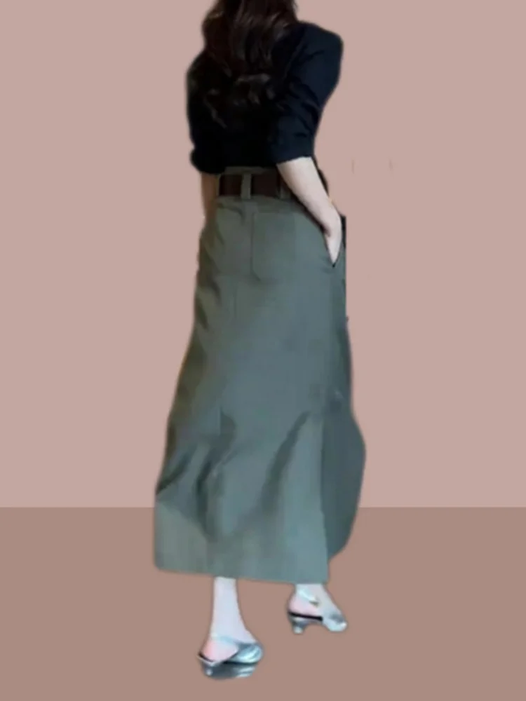 Women's High Waist Slit Midi Skirt And irt Set Faionable Two Piece Ensemble Straight Cut A-Line Skirt Button up  irt