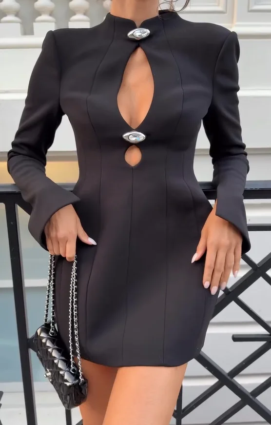 Minigonna corta sexy scavata Moda donna Manica lunga tinta unita Girocollo Gonne corte aderenti Lady 2025 High Street Wear