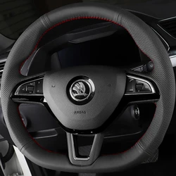 DIY Black Genuine Leather Car Accessories Steering Wheel Cover For Skoda Octavia 2015-2019 Fabia Kodiaq Citigo Superb Scala