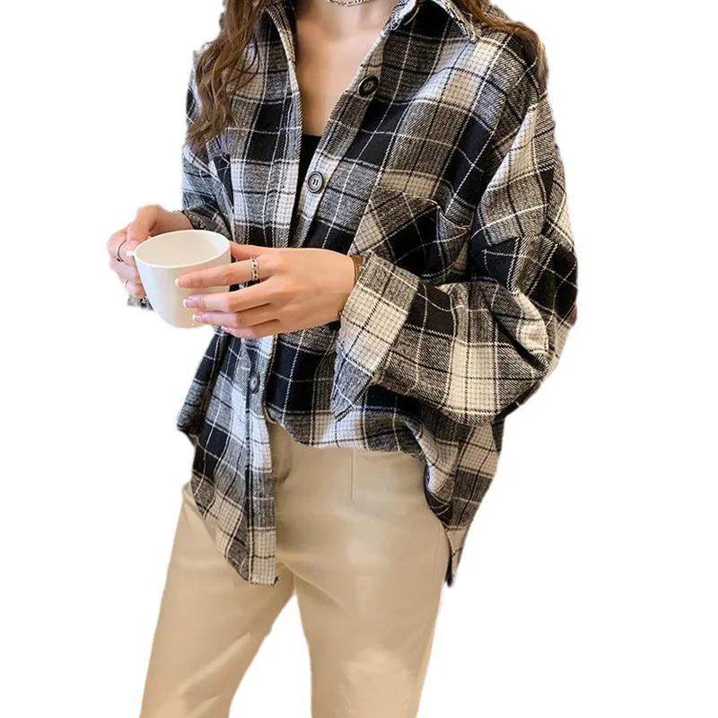 Women's Brushed Plaid Shirts Long Sleeve Flannel Lapel Button Down Cardigan Boyfriend Shacket Jacket Coats