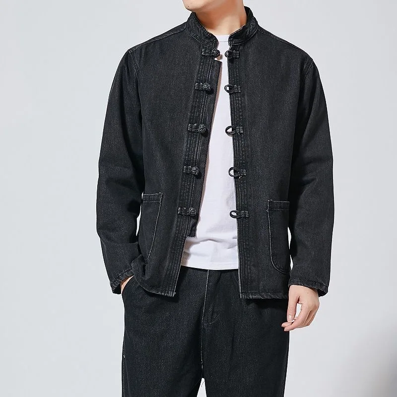 

Свободный мужской джинсовый костюм Jaet в китайском стиле на пуговицах, повседневный осенний модный длинный костюм из смеси хлопка в стиле ретро Zhongan, топ