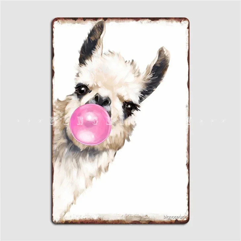 Sneaky Llama With Bubble Gum Metal Sign Club Mural Custom Plaques Tin Sign Posters