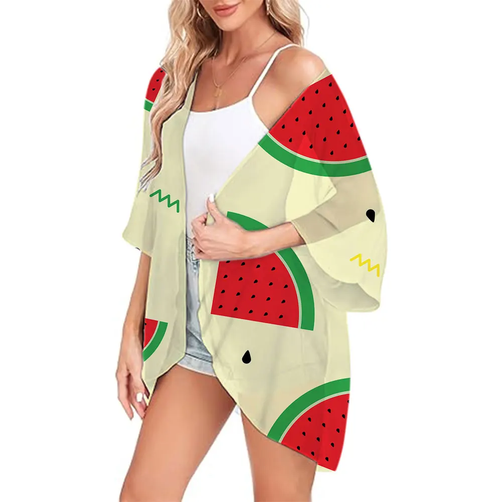 Women's Holiday Beach Fruit Puff Sleeve Kimono Cardigan Lightweight Loose Cover Up Casual Blouse Top Summer Swimwear Bikini Coat