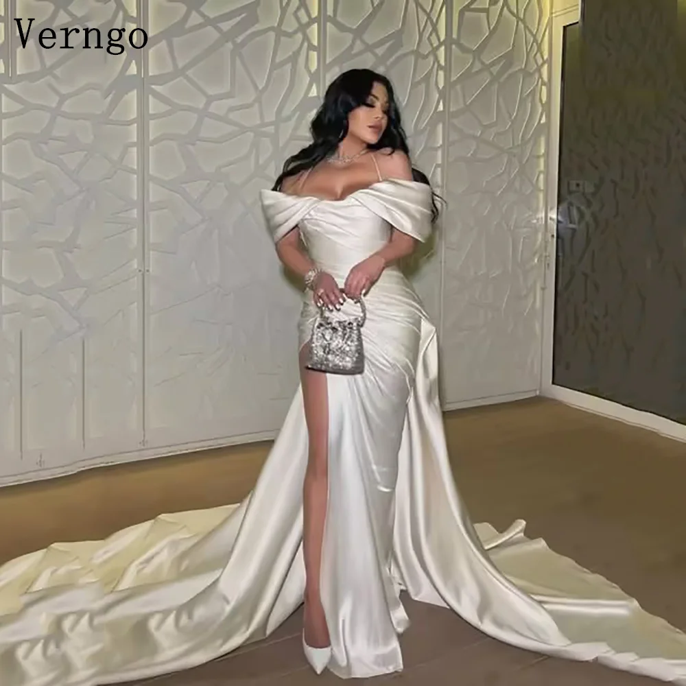 

Verngo lvory Satin Evening Dress Off The Shoulder Mermaid Side Slit Prom Gowns Sweap Train Elegant Party Dress Customized