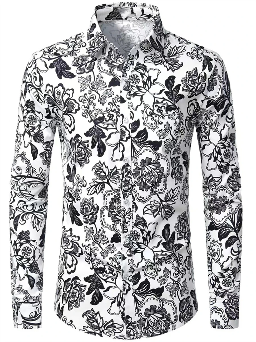 Camisas de manga larga con estampado 3D de flores a la moda para hombre, Tops con botones a la moda, camisas informales con solapa para otoño, ropa para hombre