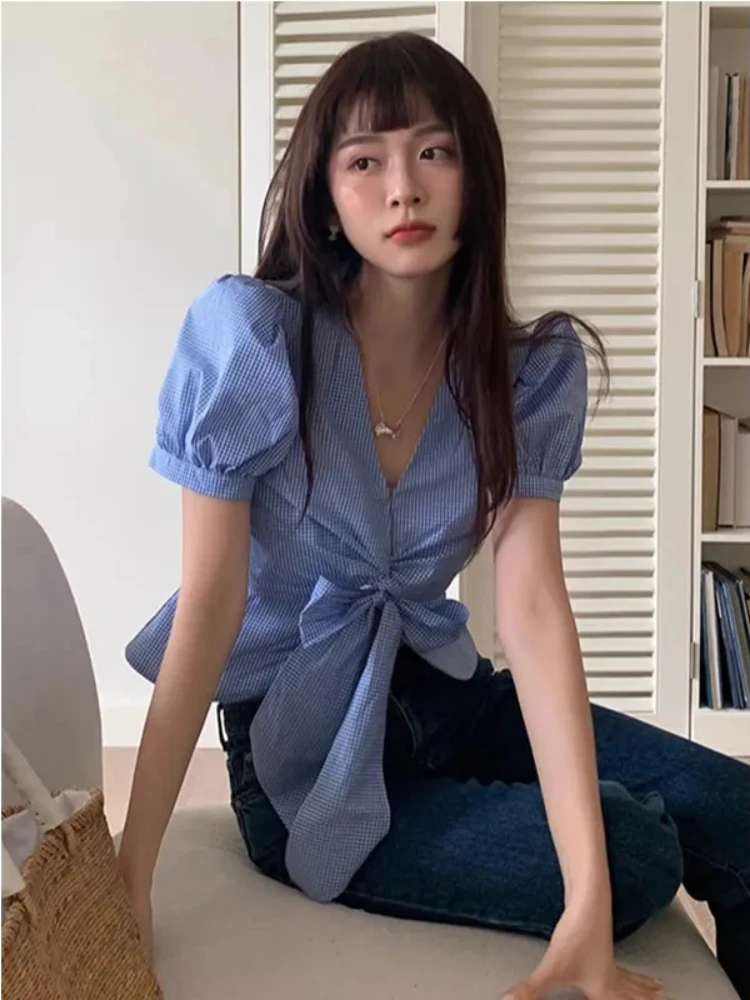 

V Neck Puff Sleeve Plaid Shirt Women Preppy Style Bow Lace Up Chic Short Tops French Sweet Design All Match Blouse 2025