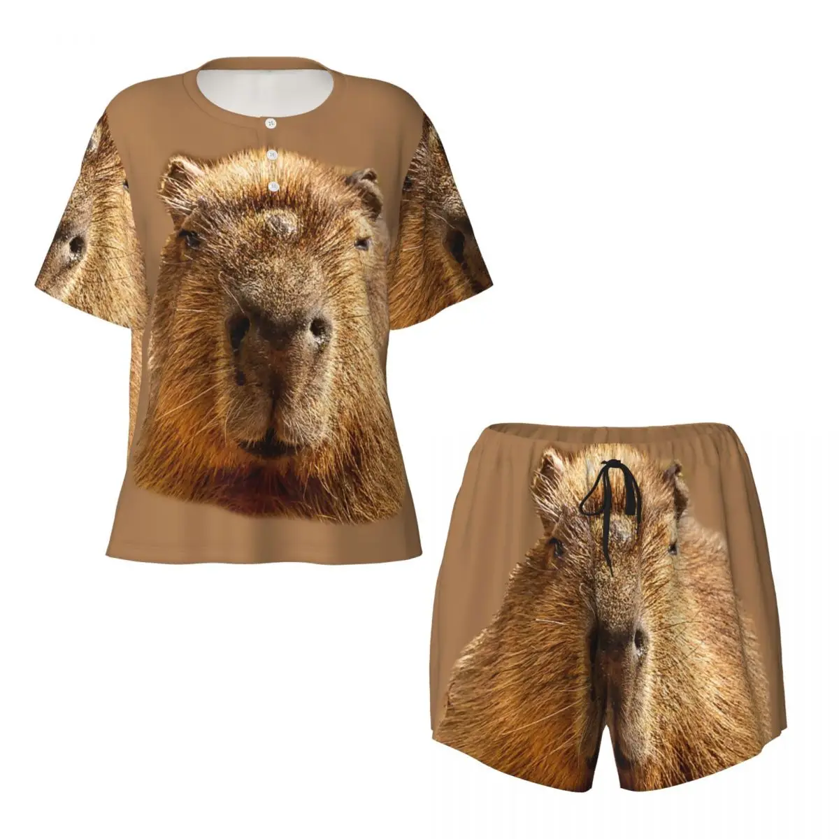 Custom Printed Women Capybara Dozing In The Sunshine Printing Pajamas Set Short Sleeve Sleepwear Loungewear Pjs 2 Piece Sets