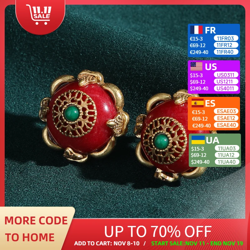 Vintage Round Red Natural Stone Stud Earrings For Women Jewelry Crystal Retro Antique 2025 Trend Classic Elegance New In Gift