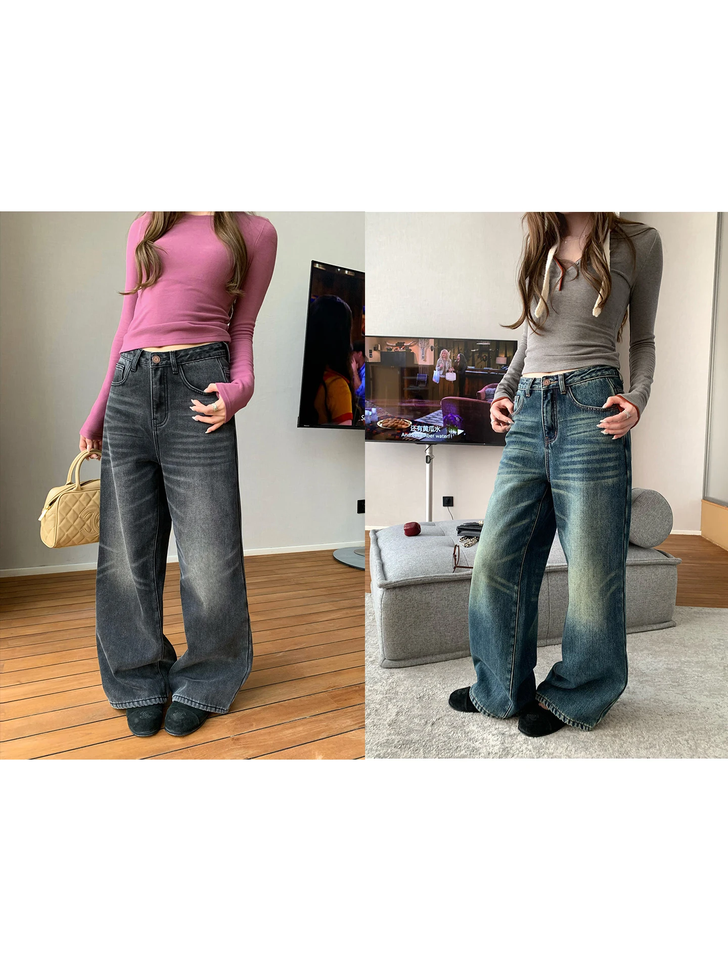 

Womens Vintage Washed Straight Leg Fleece Lined Wide Leg Jeans Winter High Waist Cotton Casual Pure Color