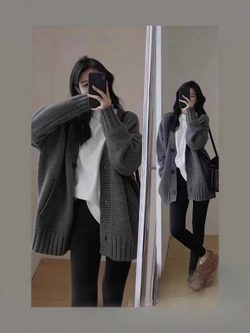 

Mid-Long Cardigans Kawaii Womens Fall Knittig Slim-Fit V-Neck Slit Fitted Flounce Hoods Hollowing Flap Lantern-Sleeve Chic Daily