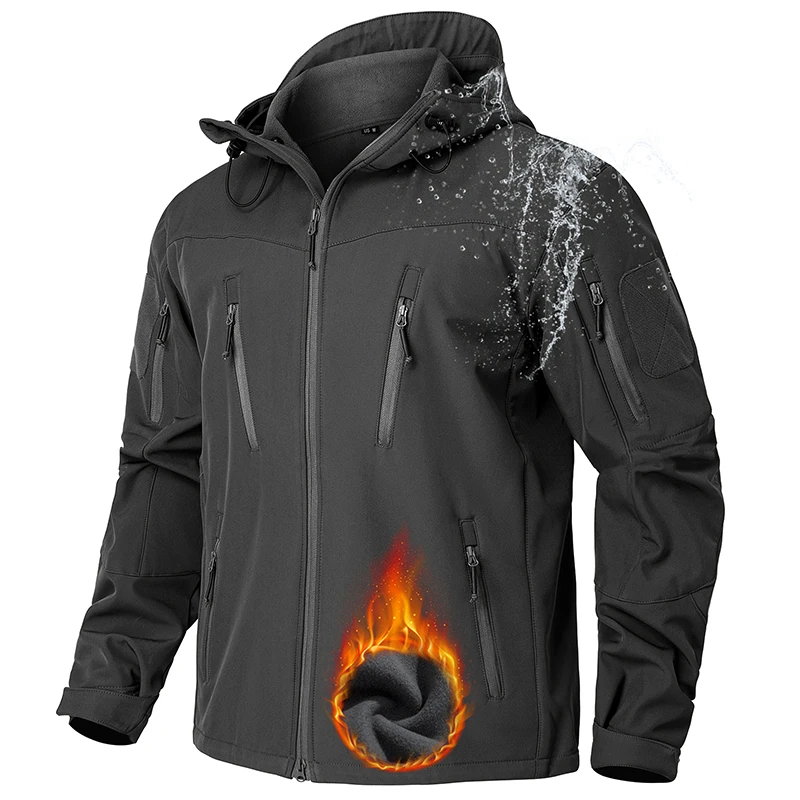 Men\'s Waterproof Softshell Tactical Jacket Outdoor Hiking Skiing Windbreaker Jacket Winter Windproof Fleece Hoodie Coat