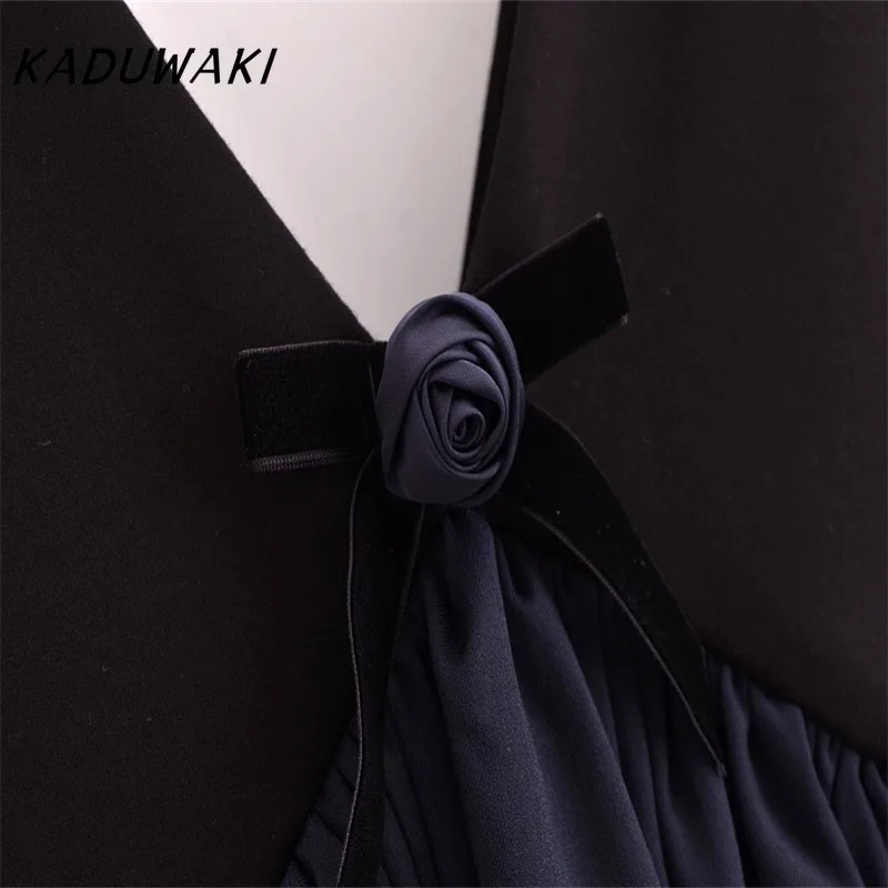 KADUWAKI Spring Bow Flower Decorative Tee for Women Ruffle Hem V-neck Slim Fit Casual Lady Long Sleeve Short Top Female Clothing