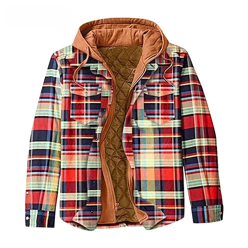 

Vintage Plaid Striped Printed Jackets Mens Winter Outdoor Casual Thick Coats Men Fashion Long Sleeve Zip-Up Hooded Jacket Coat