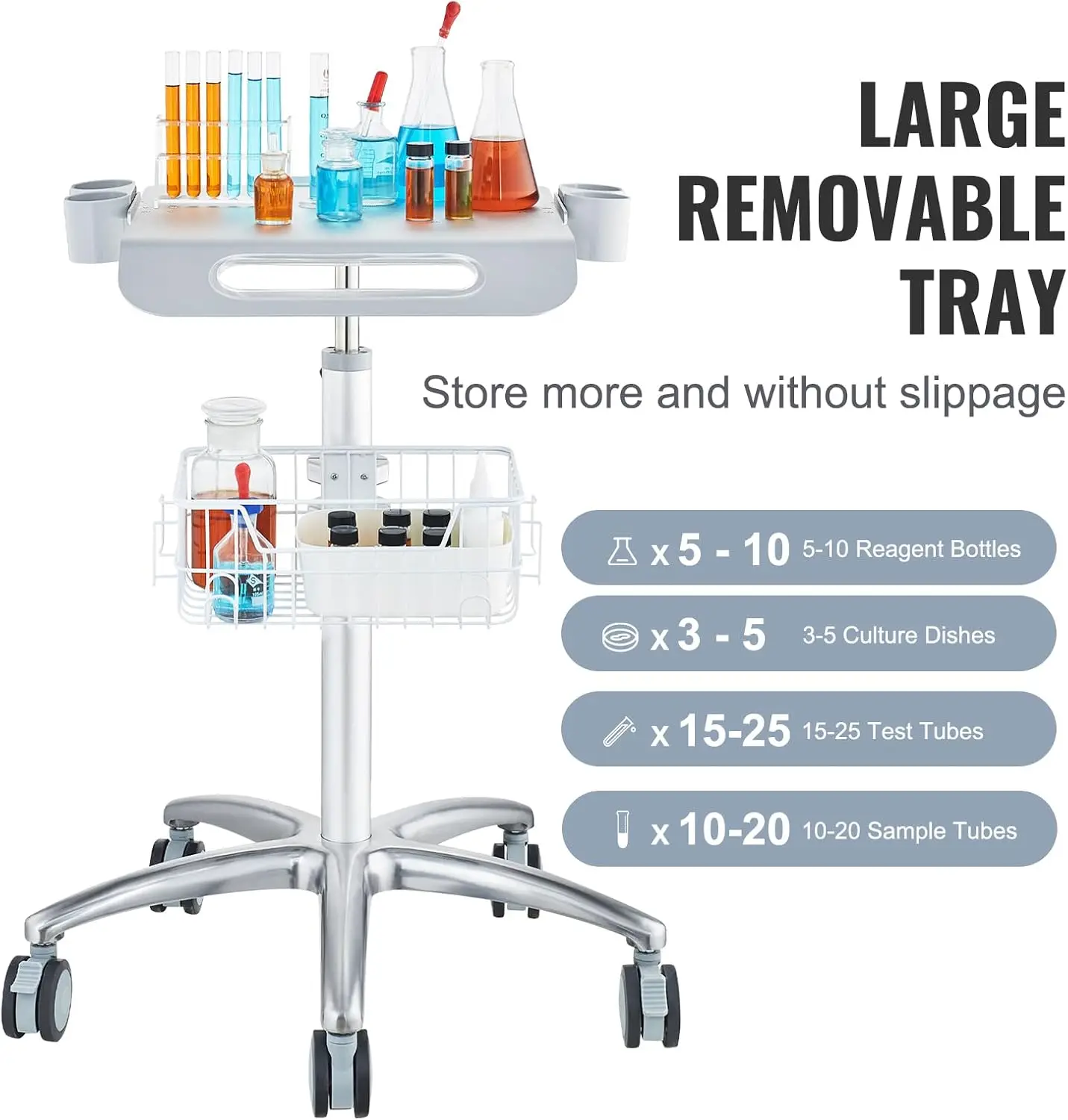 عربة طبية، عربة صالون بعجلات، عربة ترولي متنقلة 26.77 بوصة - 4.91 بوصة ارتفاع قابل للتعديل، محطات صالون معدنية لمصفف الشعر