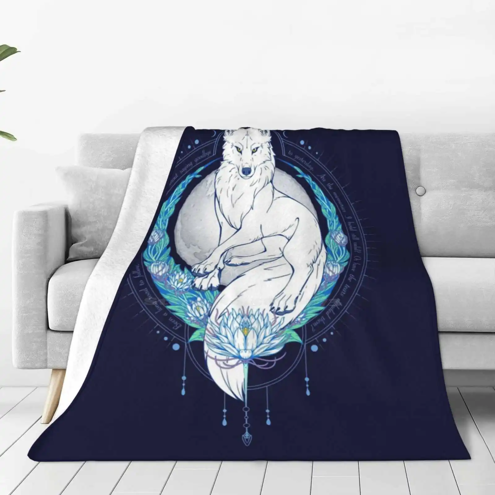 Protector Of Paradise Soft Warm Throw Blanket Blue Lunar Flower Gravity Moon Animals Leaves Vines Wolves Wildlife Nature