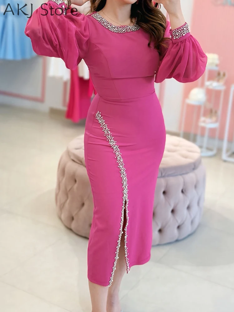 Parels mesh pure lantaarn mouw split slim fit feestjurk