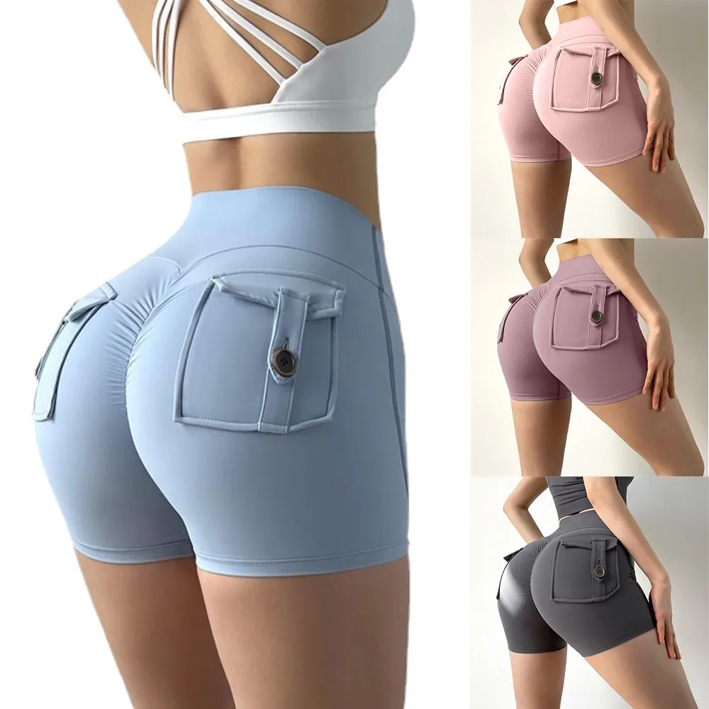 Fashion High Waist Yoga Shorts with Pocket Quick Drying Gym Leggings Scrunched Butt Sports Shorts Women