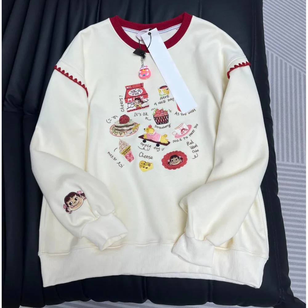 Apricot Cute Y2K Cartoon Embroidery Sweatshirt Harajuku Loose Oversize Long Sleeve Pullover Sweet Lolita E-girl Japanese Hoodie