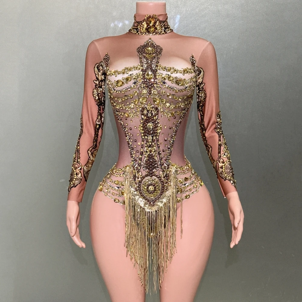 High Quality Strong Stretch Women Long Sleeve Sexy Bodycon Bodysuit Tassel Nightclub Party Bar Dancer Performance Costume