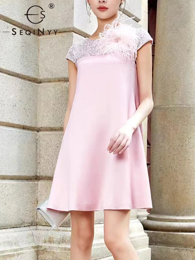 

SEQINYY Slim Mini Dress Summer Spring New Fashion Design Women Runway Sleeveless Feather Beading Sequined Casual Elegant