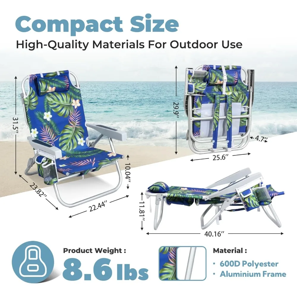 Beach chair for adults, 5-position reclining, backpack design, large cooler & storage pocket, aluminum frame, supports 300lbs.