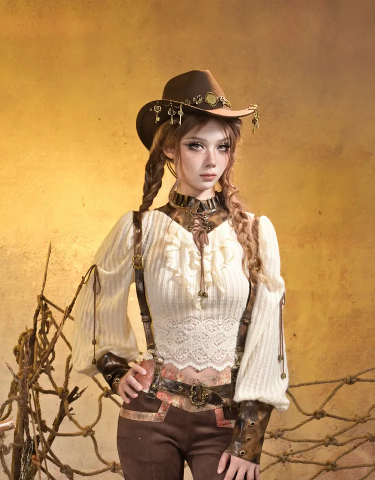 شتاء جديد البحرية طوق الدانتيل متابعة كشكش قميص النمط الياباني Rojita سليم صالح نصف عالية طوق نفخة الأكمام بلوزة الملابس النسائية #3