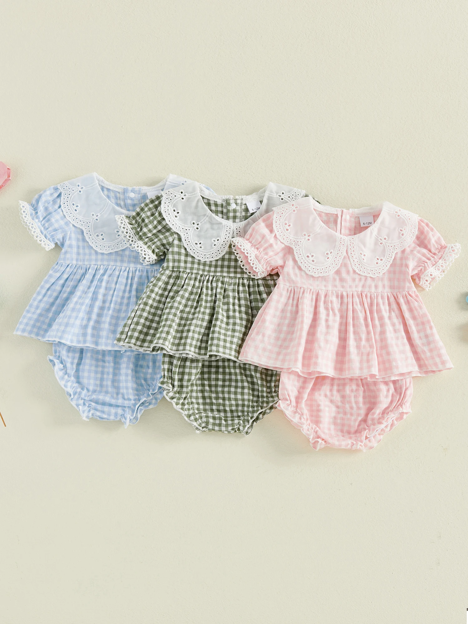 

Toddler Girls 2-Piece Outfit Short Sleeve Doll Collar T-shirt with Elastic Waist Shorts Plaid Summer Set for Baby Girls