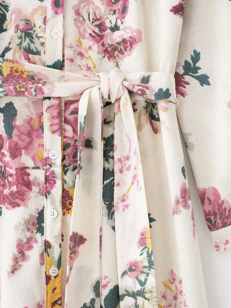 Midi-overhemdjurk met bloemenprint voor dames, riem, lange mouwen, knoopsluiting, damesjurken, chique mode
