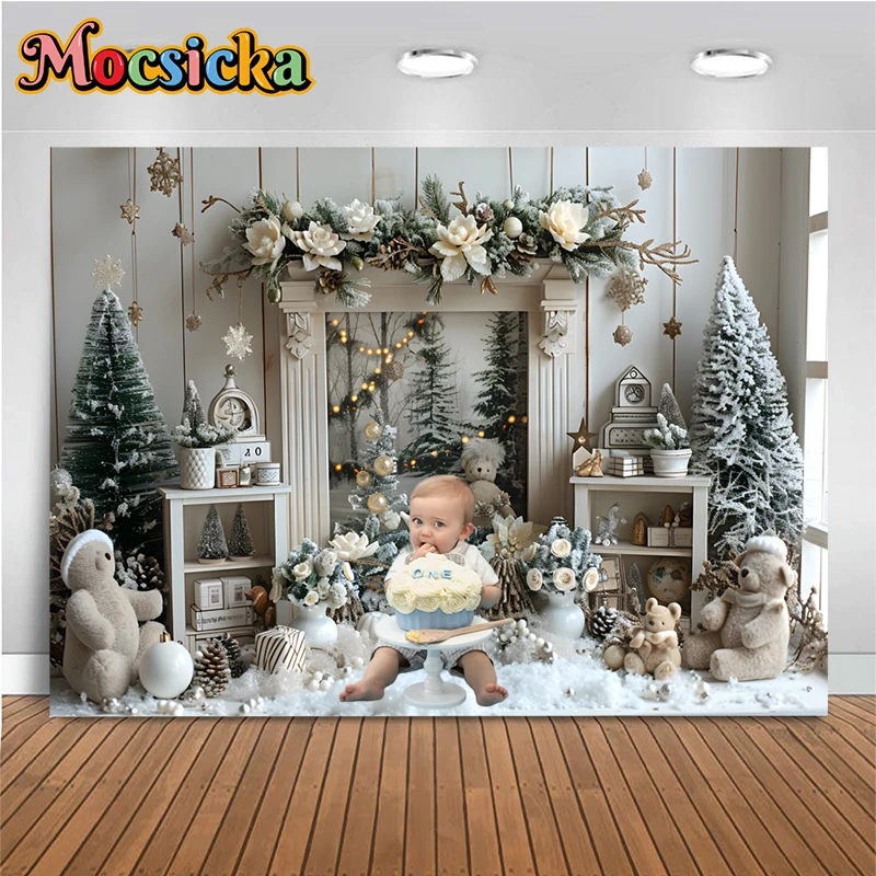 

Christmas White Wall Backdrop Rose Bear Gift Snow Christmas Tree Birthday Baby Photo Background For Shooting Children Photobooth