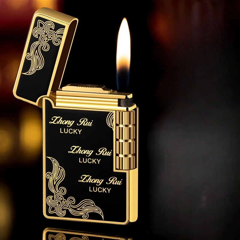 

New Steel-tone Grinding Wheel Open Flame Inflatable Lighter, Side-sliding Inclined Flame Metal Retro Cigarette Lighter