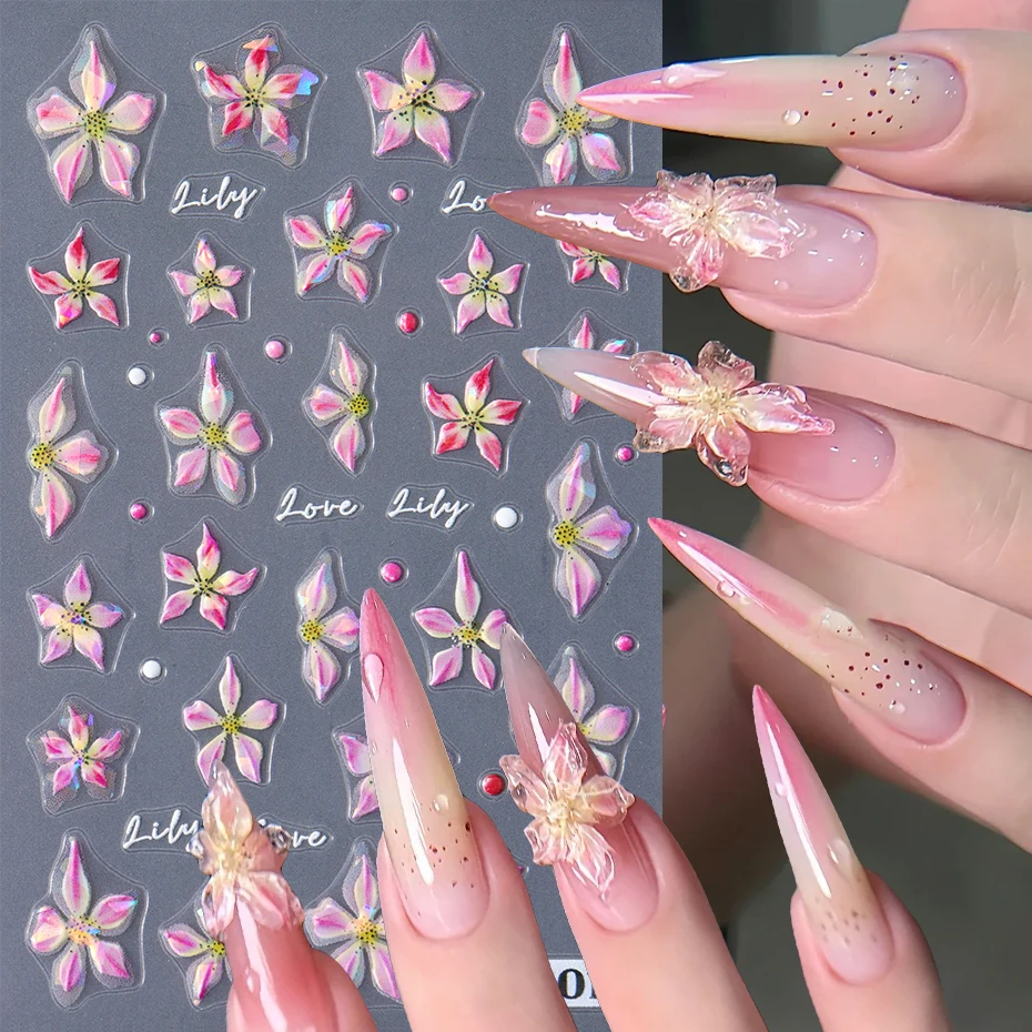 2 stuks glanzende lelie bloem nail art sticker stickers orchidee bloemen zelfklevende sliders holografische stickers manicure nail art decoraties